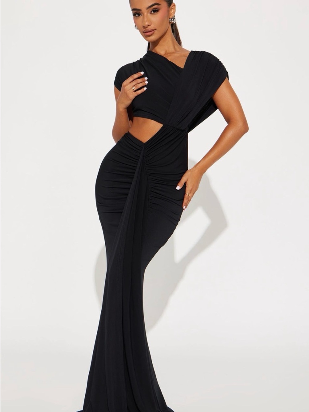 Fashion Nova Black Draped Cutout Maxi Gown